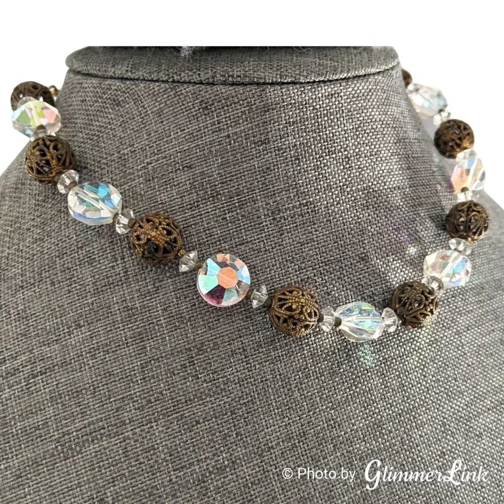 Vintage 1960s Lisner Aurora Borealis Filigree Beads Choker Necklace